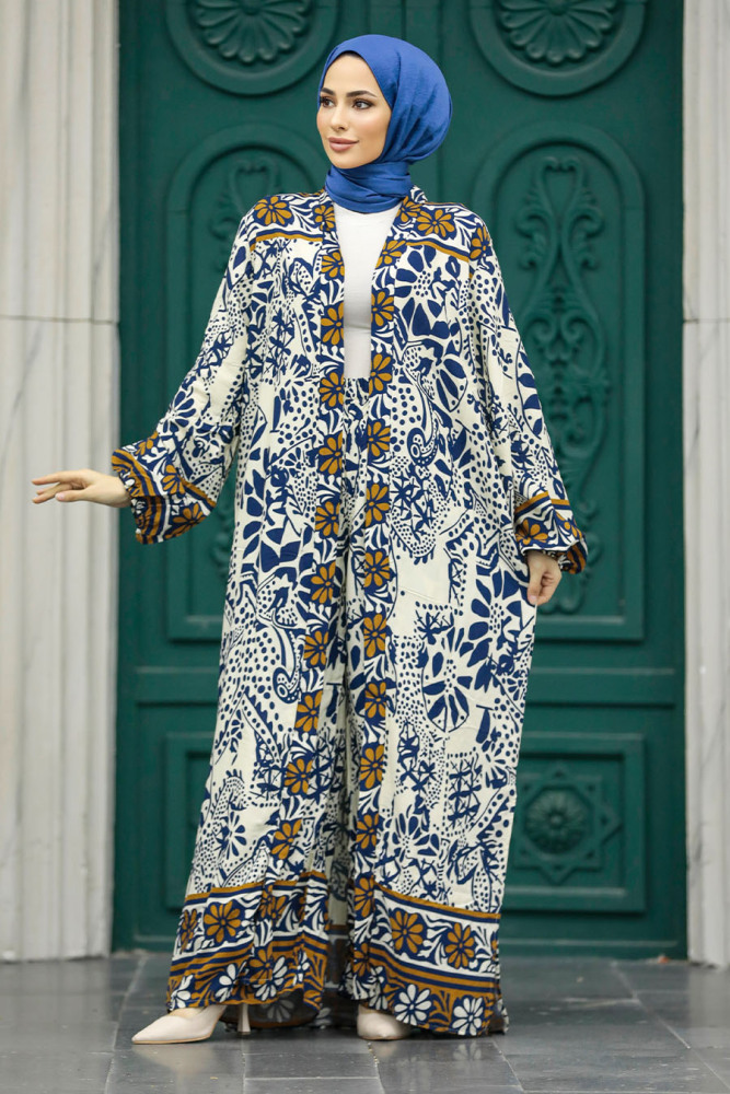 Neva Style - Etnik Desenli Lacivert Tesettür Kimono İkili Takım 50047L - 4