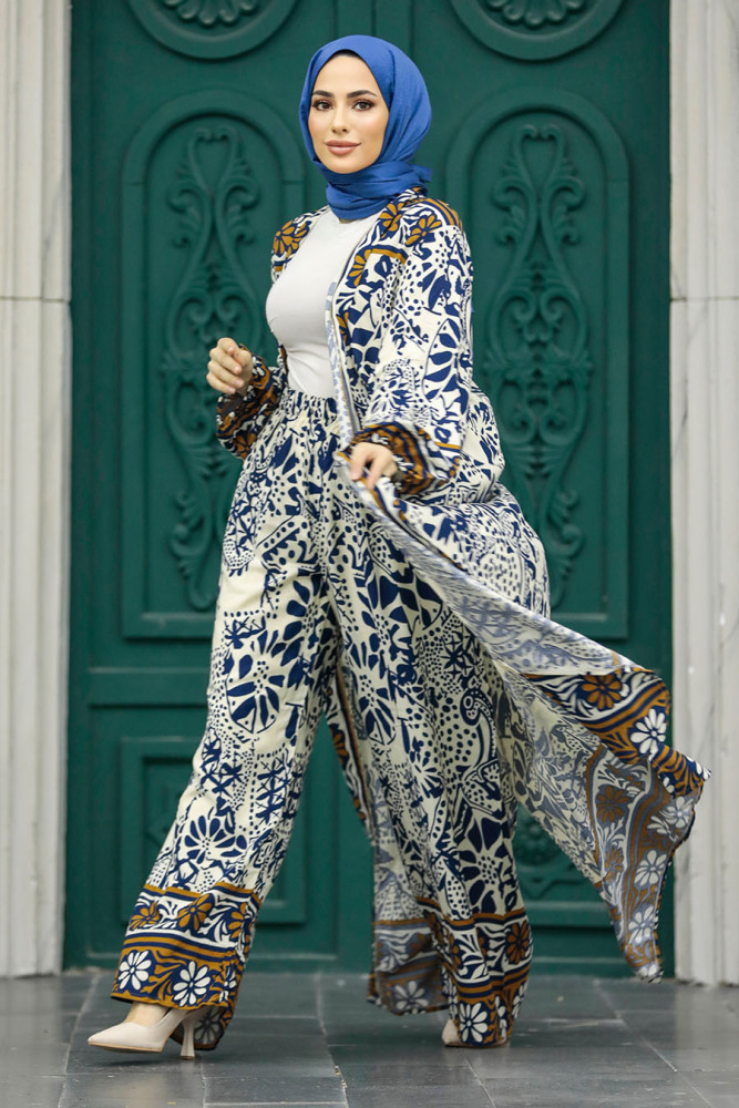 Neva Style - Etnik Desenli Lacivert Tesettür Kimono İkili Takım 50047L - 2