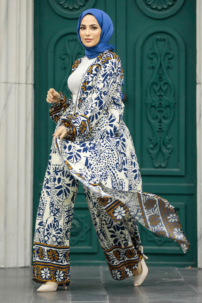 Neva Style - Etnik Desenli Lacivert Tesettür Kimono İkili Takım 50047L - 3