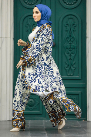 Neva Style - Etnik Desenli Lacivert Tesettür Kimono İkili Takım 50047L - 1