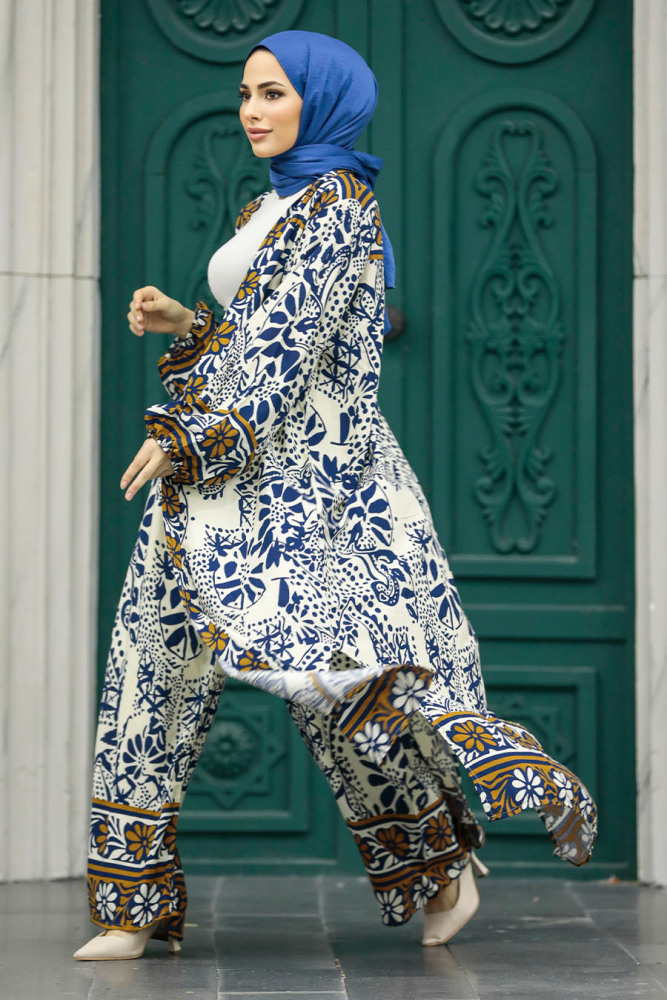 Neva Style - Etnik Desenli Lacivert Tesettür Kimono İkili Takım 50047L - 1