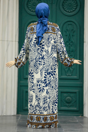 Neva Style - Etnik Desenli Lacivert Tesettür Kimono İkili Takım 50047L - 5