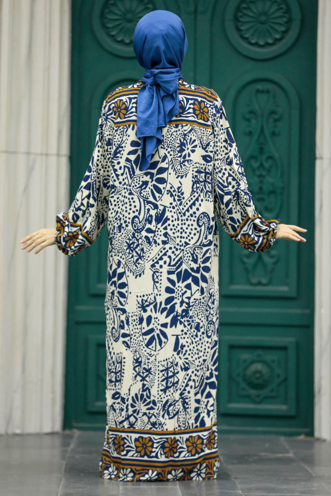 Neva Style - Etnik Desenli Lacivert Tesettür Kimono İkili Takım 50047L - 5