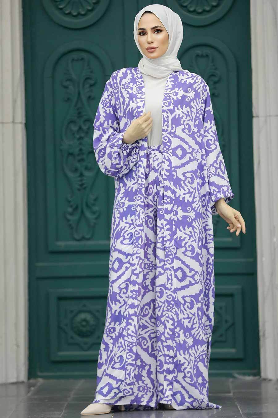 Neva Style - Etnik Desenli Lavanta Tesettür Kimono İkili Takım 50044LV