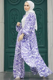 Neva Style - Etnik Desenli Lavanta Tesettür Kimono İkili Takım 50044LV - Thumbnail