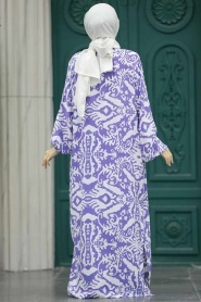 Neva Style - Etnik Desenli Lavanta Tesettür Kimono İkili Takım 50044LV - Thumbnail