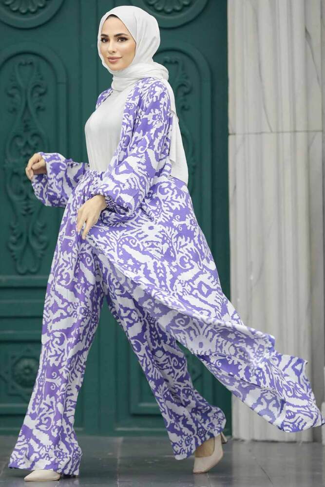  Etnik Desenli Lavanta Tesettür Kimono İkili Takım 50044LV - 1