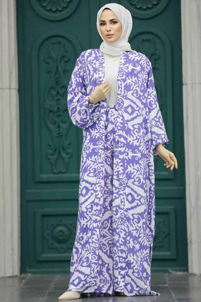  Etnik Desenli Lavanta Tesettür Kimono İkili Takım 50044LV - 3