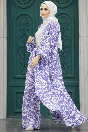  Etnik Desenli Lavanta Tesettür Kimono İkili Takım 50044LV - 2