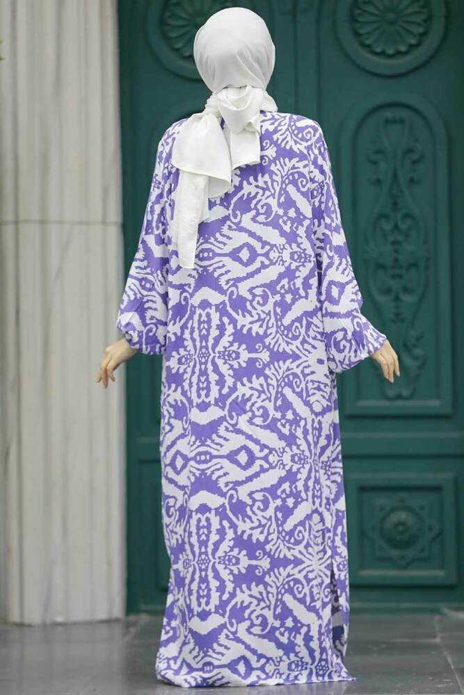  Etnik Desenli Lavanta Tesettür Kimono İkili Takım 50044LV - 4