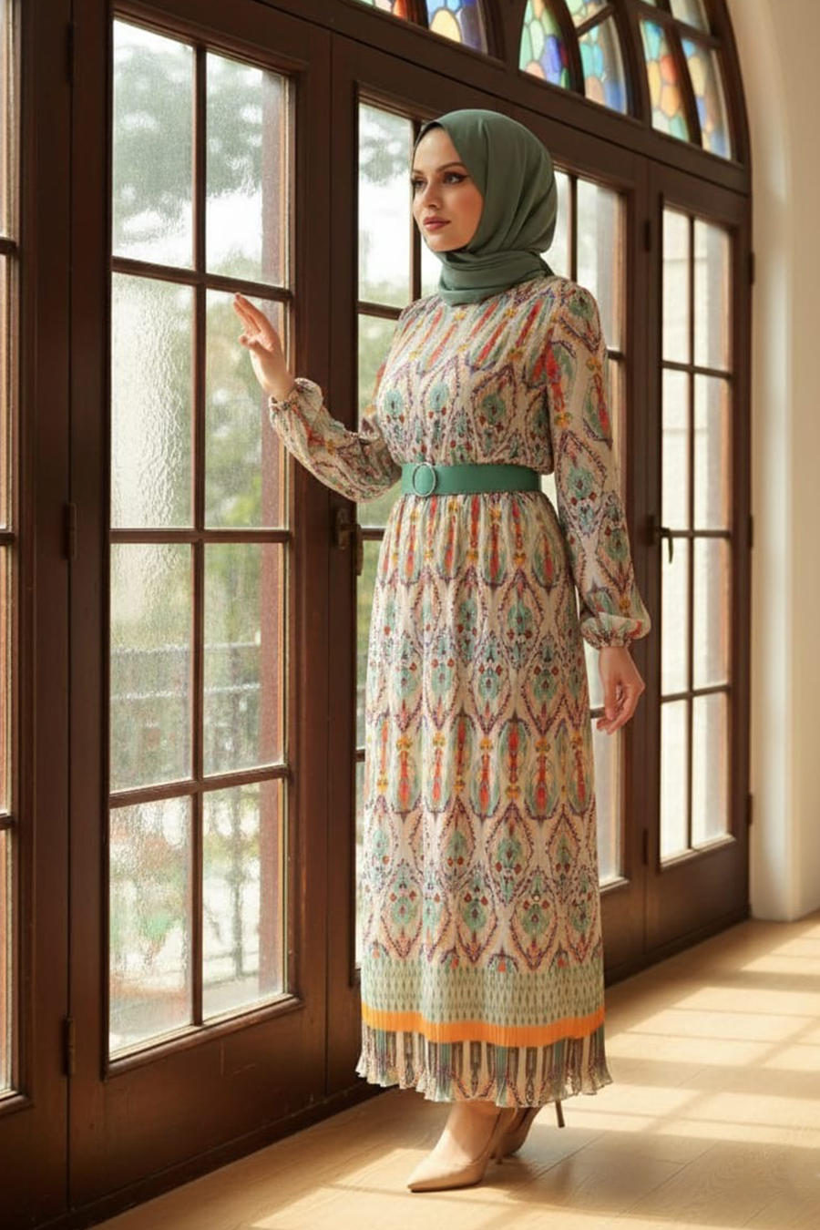  Etnik Desenli Mint Tesettür Elbise 3536MINT