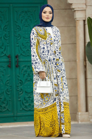  Etnik Desenli Sarı Tesettür Kimono İkili Takım 50045SR - 3