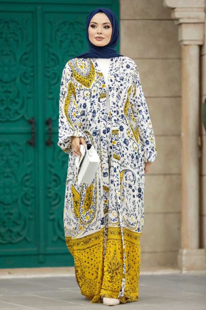  Etnik Desenli Sarı Tesettür Kimono İkili Takım 50045SR - 4