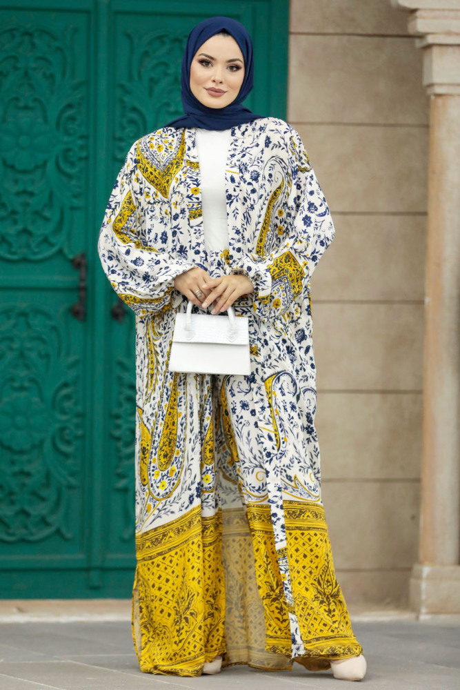  Etnik Desenli Sarı Tesettür Kimono İkili Takım 50045SR - 1
