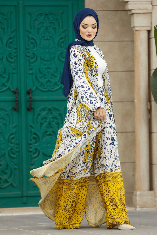  Etnik Desenli Sarı Tesettür Kimono İkili Takım 50045SR - 2