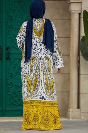  Etnik Desenli Sarı Tesettür Kimono İkili Takım 50045SR - 5