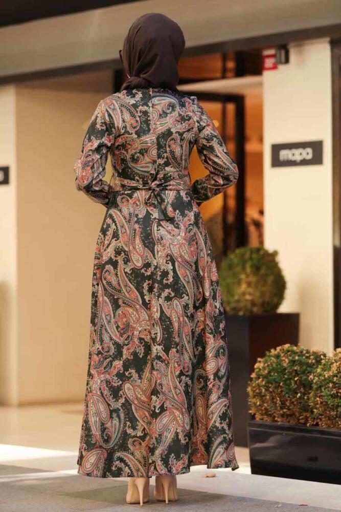 Neva Style - Etnik Desenli Siyah Tesettür Elbise 7591S - 2