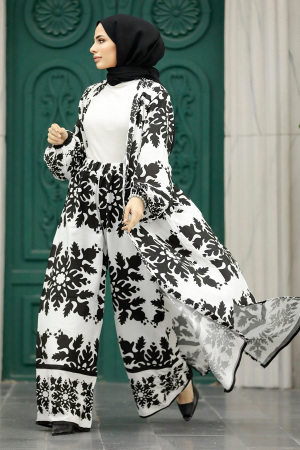  Etnik Desenli Siyah Tesettür Kimono İkili Takım 50043S - 1