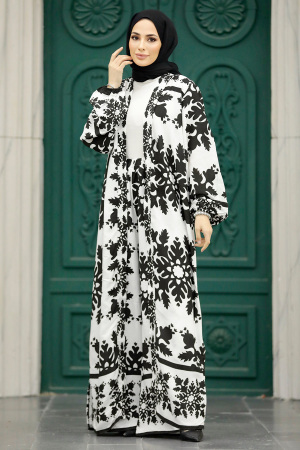  Etnik Desenli Siyah Tesettür Kimono İkili Takım 50043S - 3