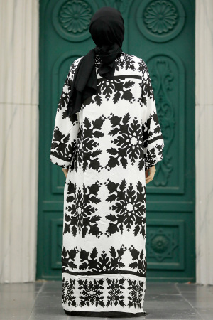  Etnik Desenli Siyah Tesettür Kimono İkili Takım 50043S - 4