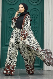 Neva Style - Etnik Desenli Siyah Tesettür Kimono İkili Takım 50047S - Thumbnail