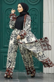 Neva Style - Etnik Desenli Siyah Tesettür Kimono İkili Takım 50047S - Thumbnail
