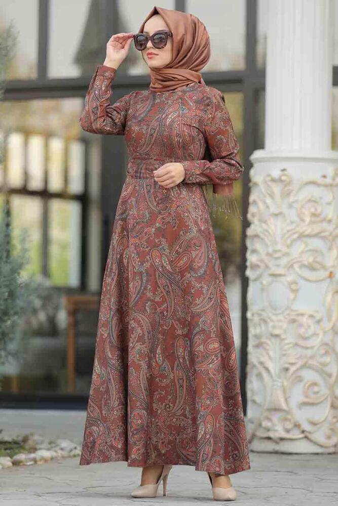Neva Style - Etnik Desenli Taba Tesettür Elbise 7591TB - 1