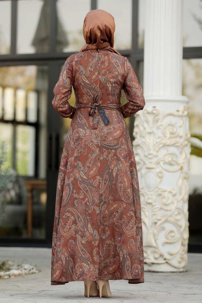 Neva Style - Etnik Desenli Taba Tesettür Elbise 7591TB - 2