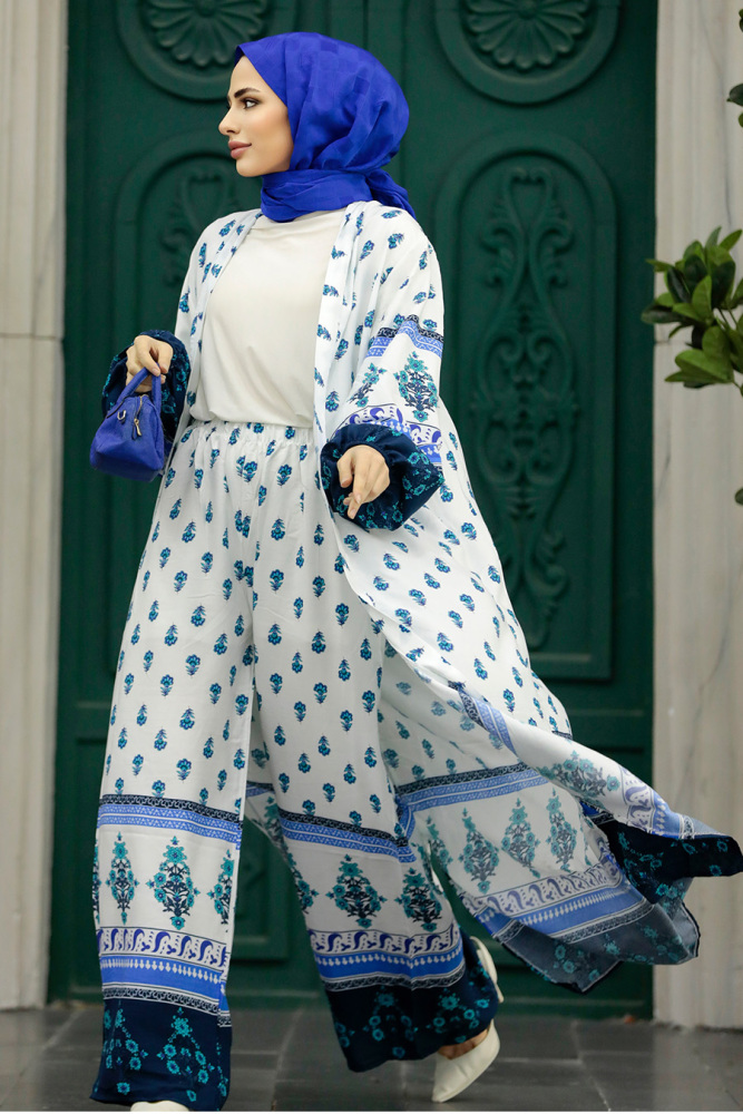 Neva Style - Etnik Desenli Tesettür İkili Kimono Takım 50042DSN2 - 1