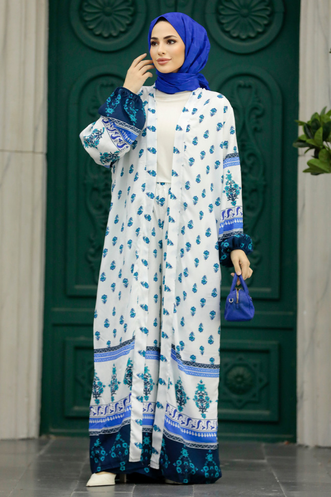 Neva Style - Etnik Desenli Tesettür İkili Kimono Takım 50042DSN2 - 3