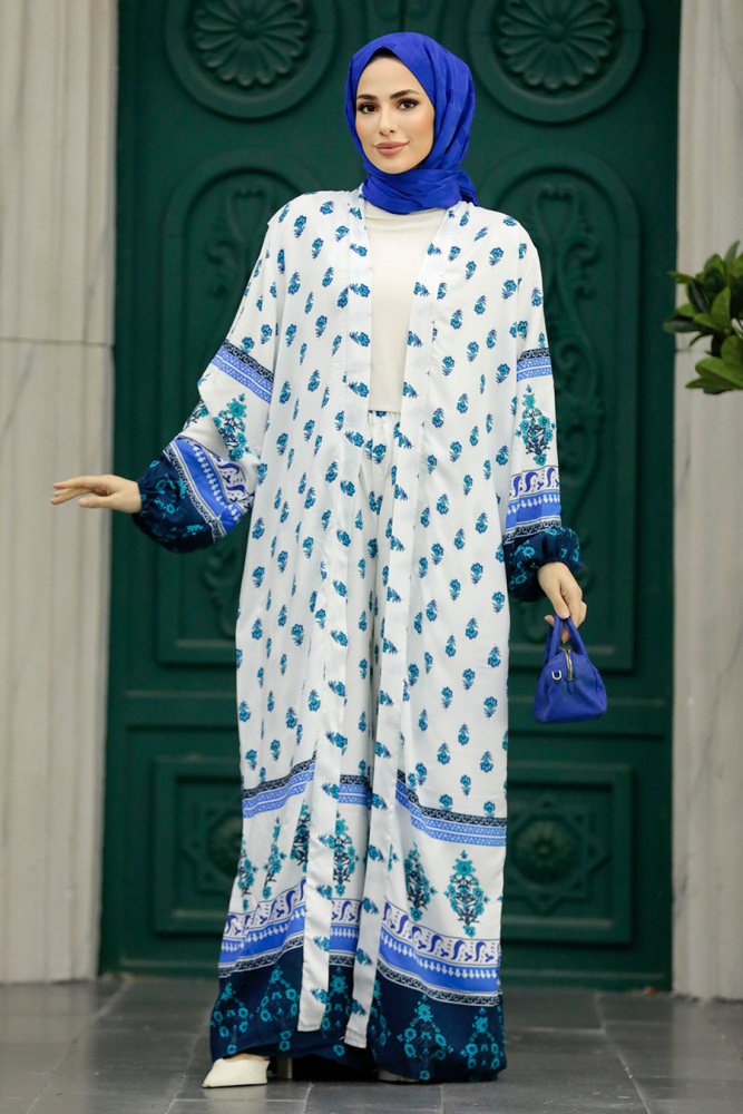 Neva Style - Etnik Desenli Tesettür İkili Kimono Takım 50042DSN2 - 2