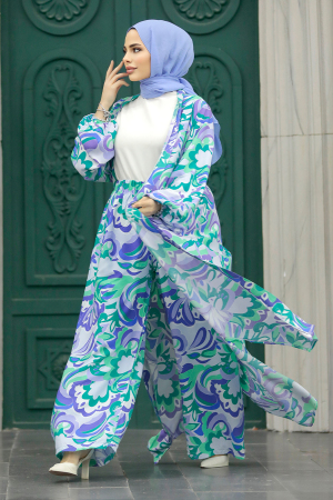  Etnik Desenli Tesettür Kimono İkili Takım 50042DSN13 - 1
