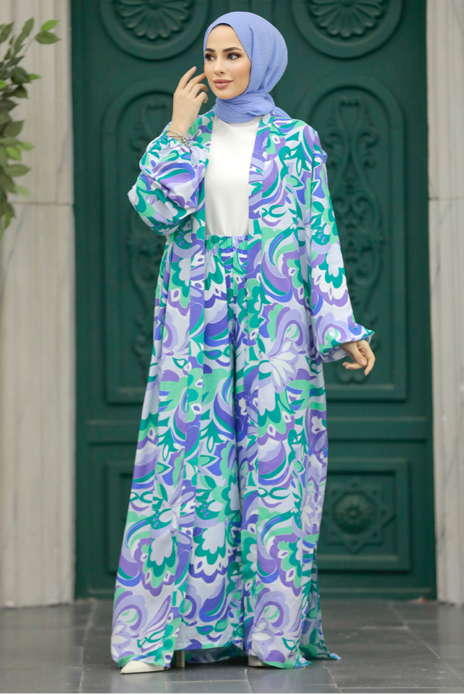  Etnik Desenli Tesettür Kimono İkili Takım 50042DSN13 - 3