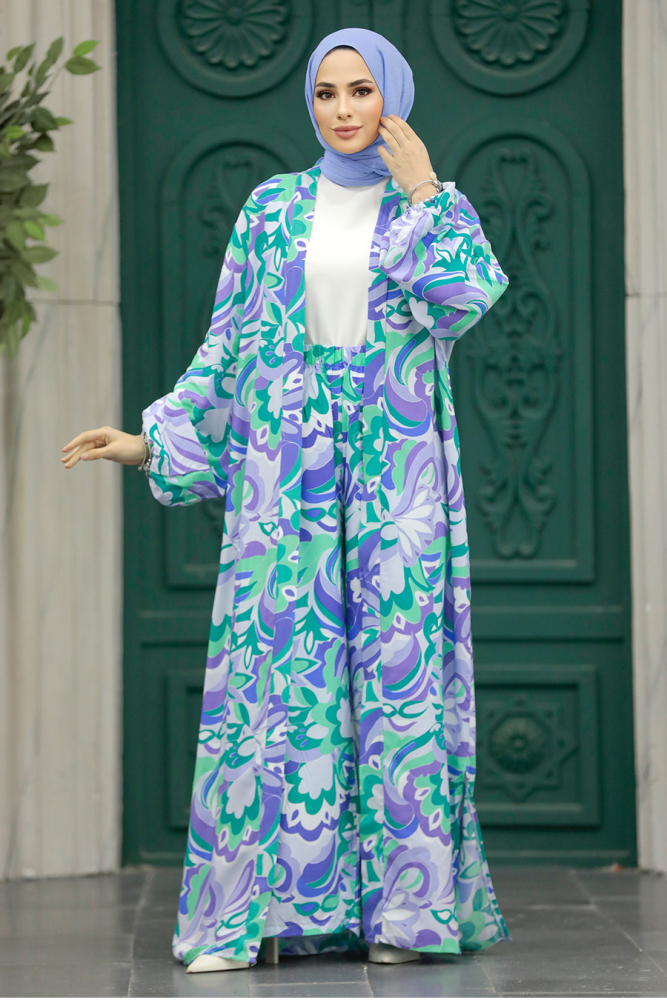  Etnik Desenli Tesettür Kimono İkili Takım 50042DSN13 - 4