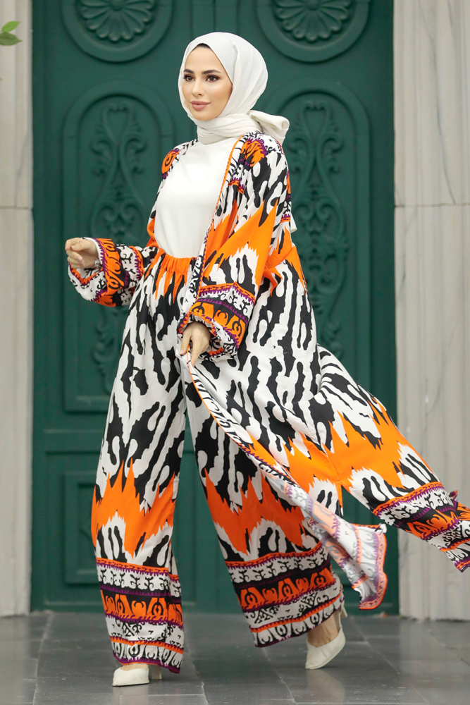 Etnik Desenli Tesettür Kimono İkili Takım 50042DSN15 - 1