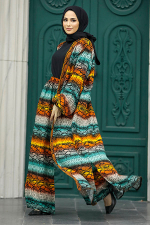  Etnik Desenli Tesettür Kimono İkili Takım 50042DSN16 - 5