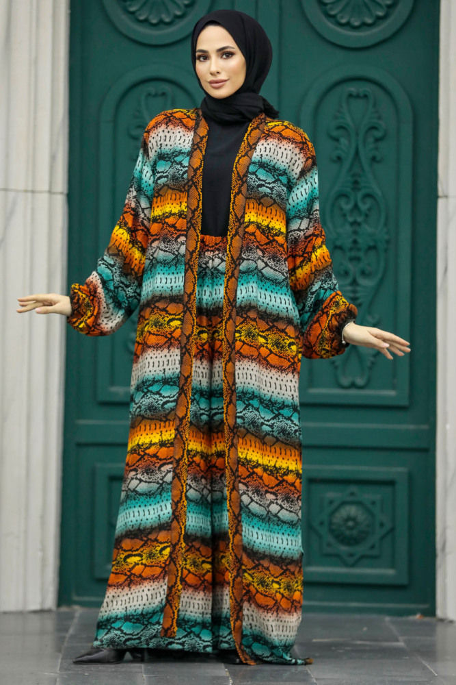  Etnik Desenli Tesettür Kimono İkili Takım 50042DSN16 - 4