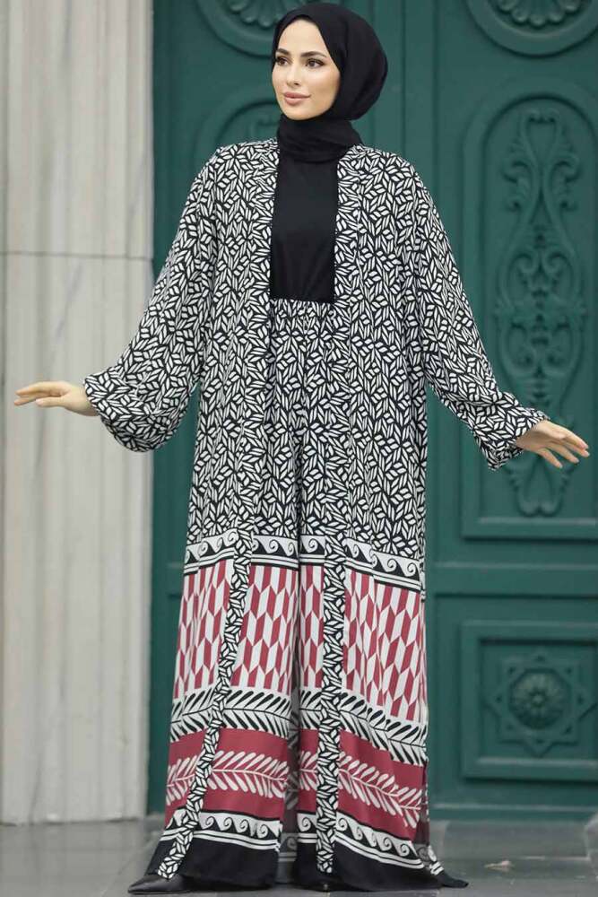 Neva Style - Etnik Desenli Tesettür Kimono İkili Takım 50042DSN19 - 3