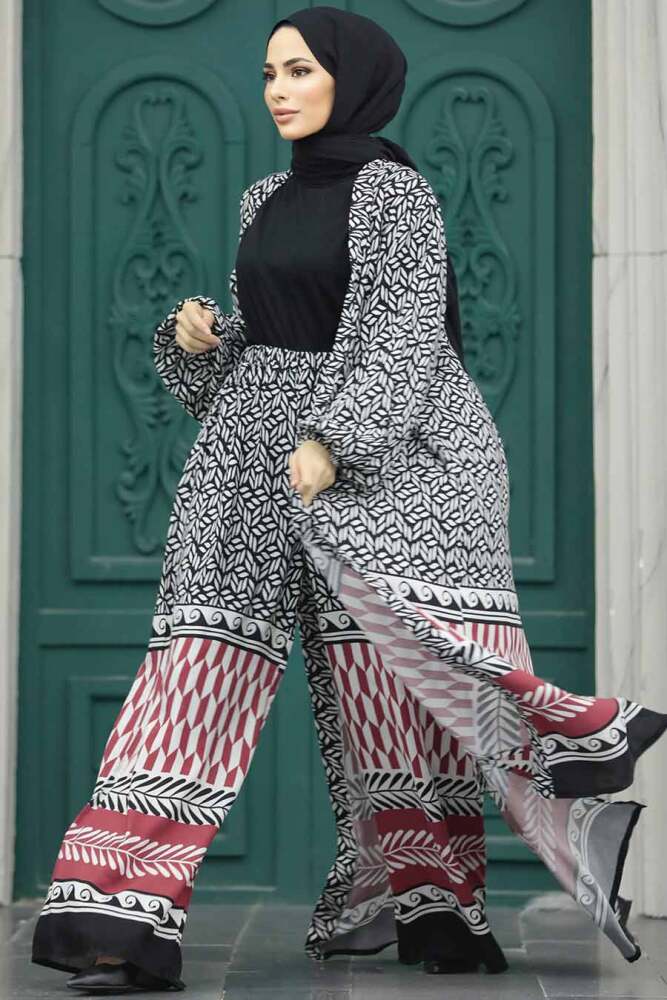 Neva Style - Etnik Desenli Tesettür Kimono İkili Takım 50042DSN19 - 2