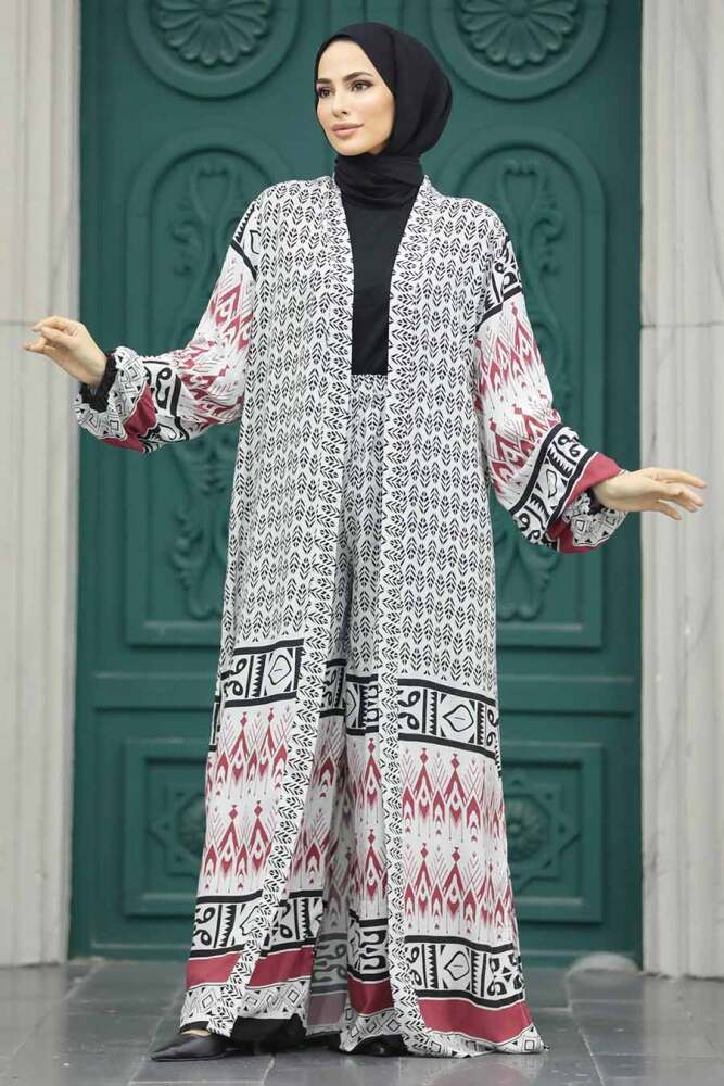 Neva Style - Etnik Desenli Tesettür Kimono İkili Takım 50042DSN20 - 3