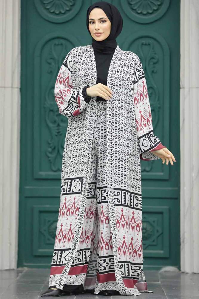 Neva Style - Etnik Desenli Tesettür Kimono İkili Takım 50042DSN20 - 4