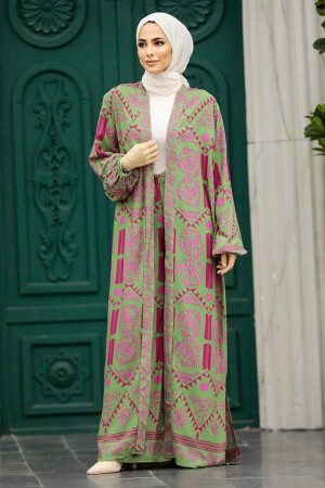 Neva Style - Etnik Desenli Tesettür Kimono İkili Takım 50042DSN27 - Thumbnail