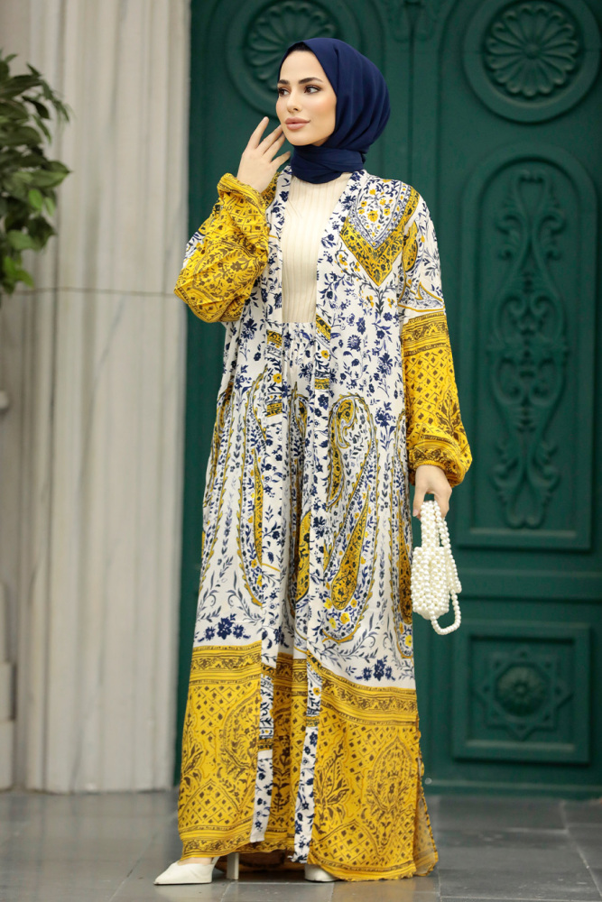  Etnik Desenli Tesettür Kimono İkili Takım 50042DSN4 - 2