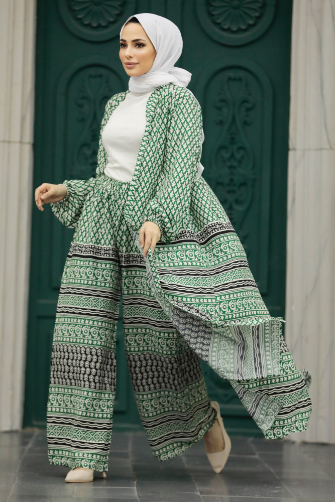  Etnik Desenli Tesettür Kimono İkili Takım 50042DSN8 - 1