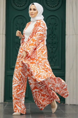 Neva Style - Etnik Desenli Turuncu Tesettür Kimono İkili Takım 50044T - 1