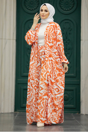 Neva Style - Etnik Desenli Turuncu Tesettür Kimono İkili Takım 50044T - 2
