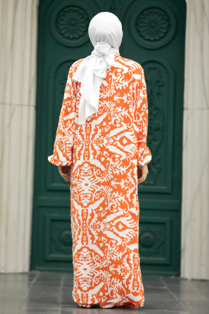 Neva Style - Etnik Desenli Turuncu Tesettür Kimono İkili Takım 50044T - 3