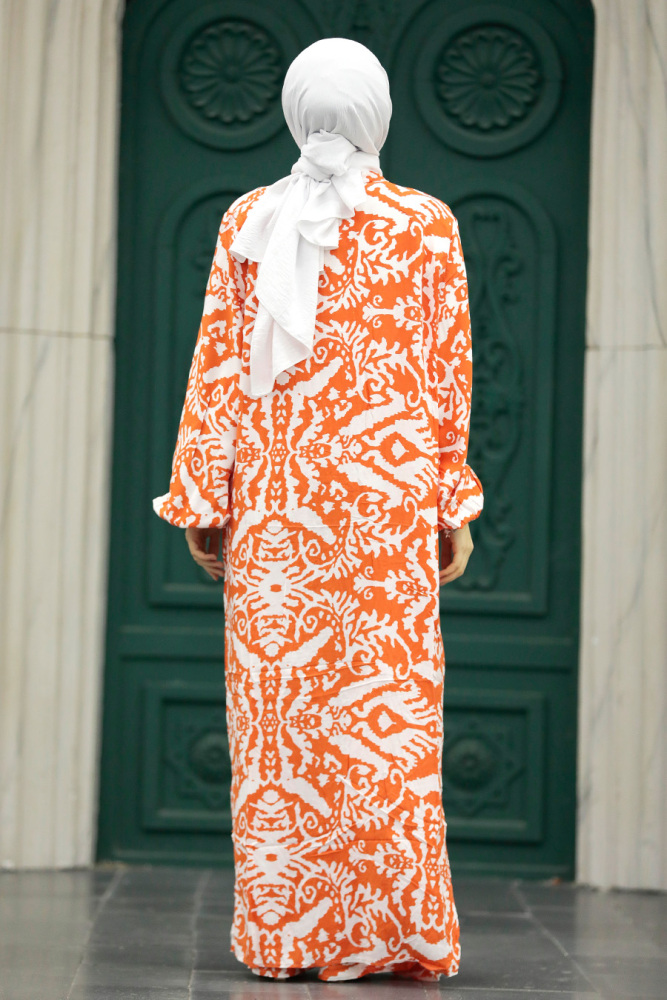 Neva Style - Etnik Desenli Turuncu Tesettür Kimono İkili Takım 50044T - 3