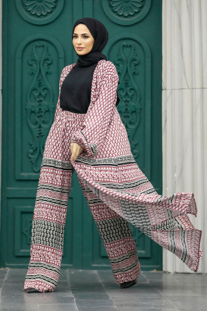 Neva Style - Etnik Desenli Vişne Tesettür Kimono İkili Takım 50042VSN - 2