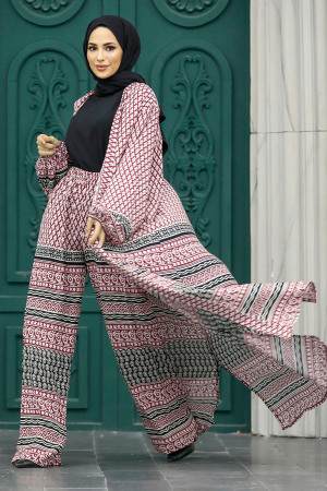 Neva Style - Etnik Desenli Vişne Tesettür Kimono İkili Takım 50042VSN - 1